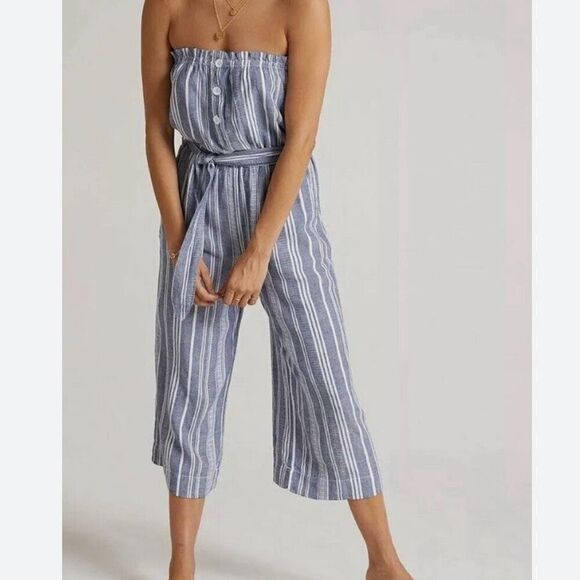 Cloth & Stone Linen Rayon Blue & White Striped Strapless Removable Belt Jumper S - Picture 3 of 9